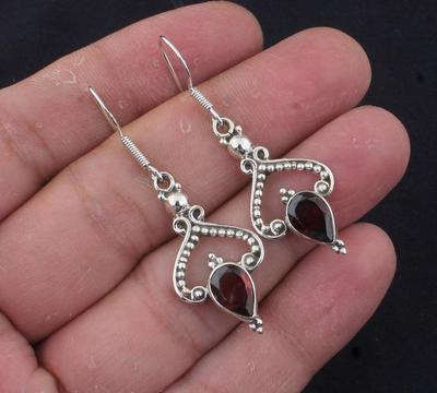 Solid 925 Sterling Silver Garnet Gemstone Earrings Bohemian Earrings Gift For Her Charm Jewelry