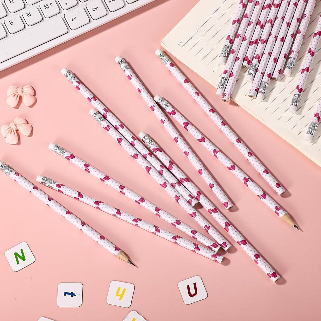 SAVITA 20pcs Pink Bow Themed Pencils with Eraser, Cute Wooden Pencils for Kids Girls Women Teacher Birthday Party Favors School Classroom Stationery
