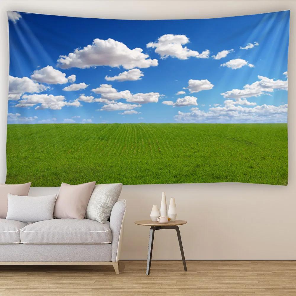 Blanket Curtain Bedroom Living Room Decoration Blue Sky White Cloud Grassland Wall Hanging Tapestry Art
