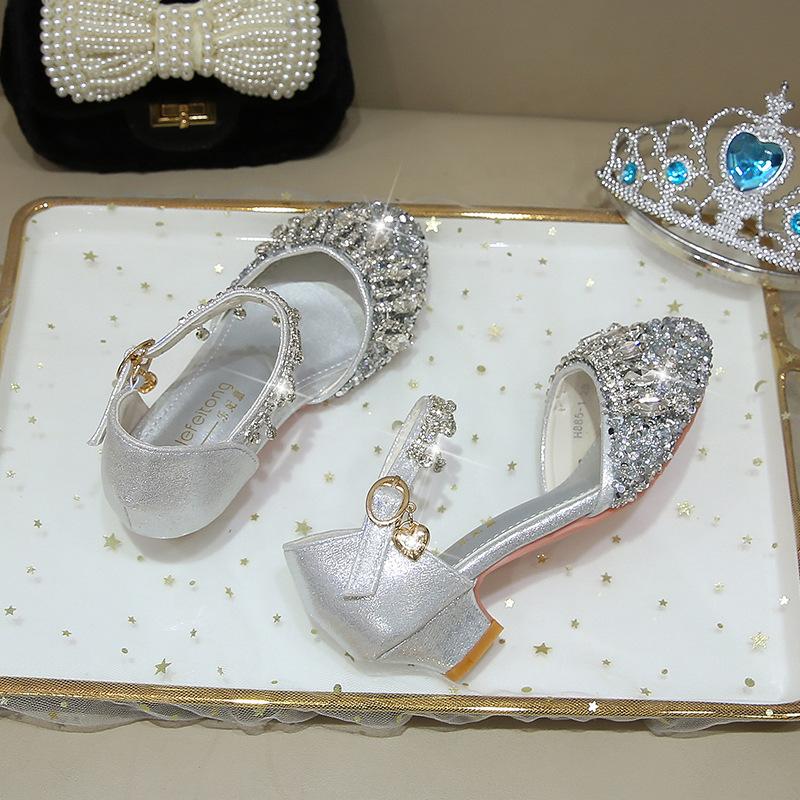 Girls' High Heels Princess Shoes Little Girl Dress Crystal Shoes Soft Sole Silver Children's Fashion Show Performance Leather Shoes