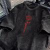 Vintage Spłowiały Czerwona Róża Line Art T‑Shirt Postarzany Ciemny Estetyczny Kwiatowy Graficzny Nadruk Mężczyźni Kobiety Krótki Rękaw Bawełniany T‑Shirt Topy