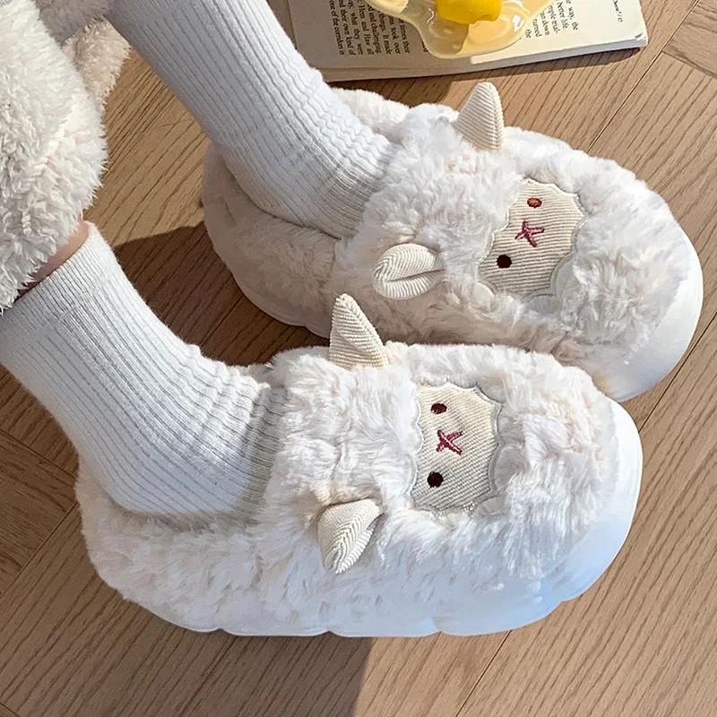 Slippers for Women Cute Cartoon Lamb House Comfortable Soft Sole Fluffy Cotton Shoes Woman Winter Warm Plush Indoor Slippers