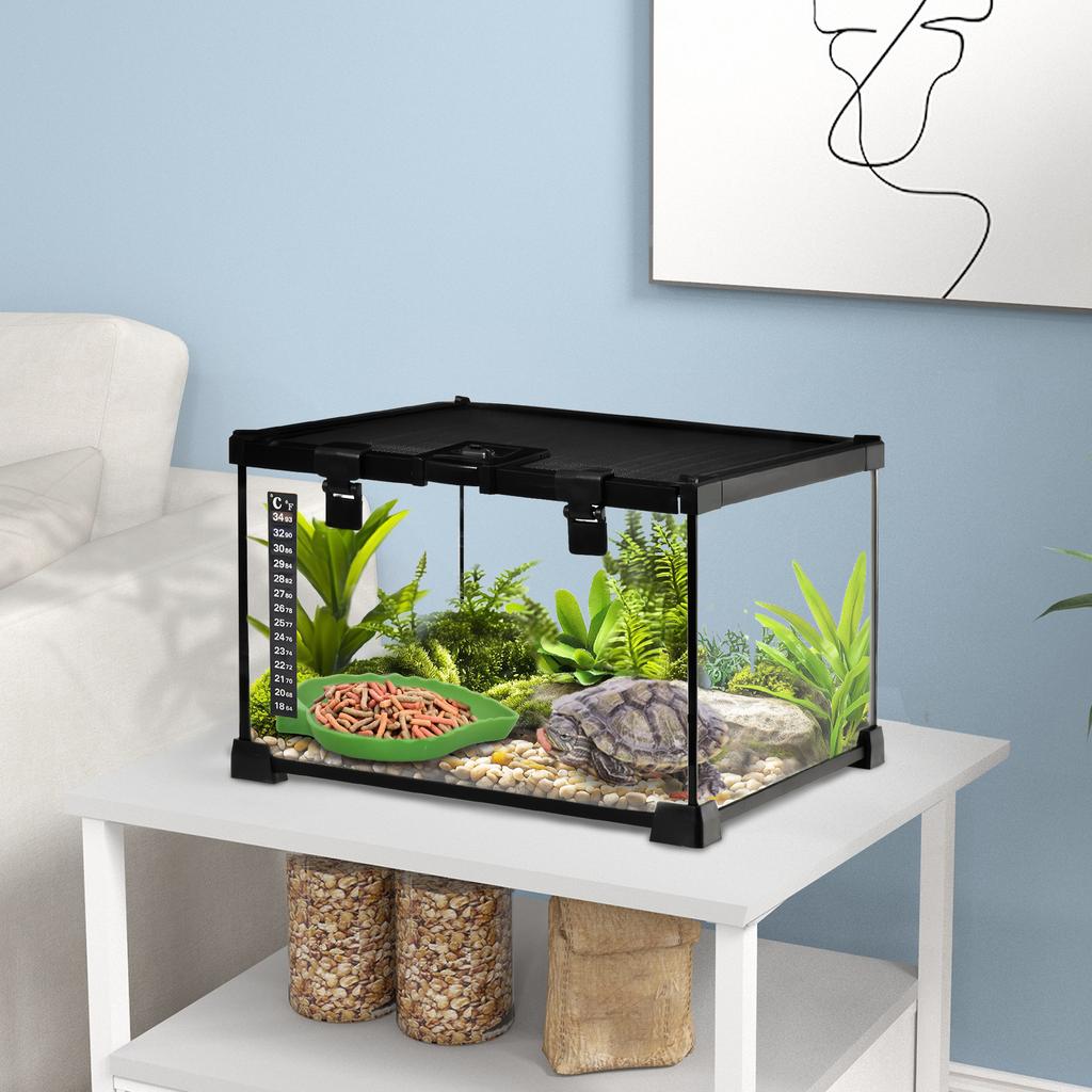 Reptile Terrarium, Transparent Habitat, Sliding Metal Mesh Lid, 30 x 30 x 20 cm, Black