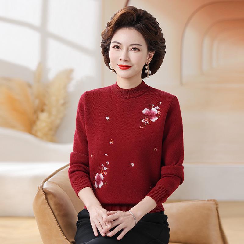 Fleece-Lined Knitted Sweater: Warm Winter Base Layer for Middle-Aged and Elderly Women