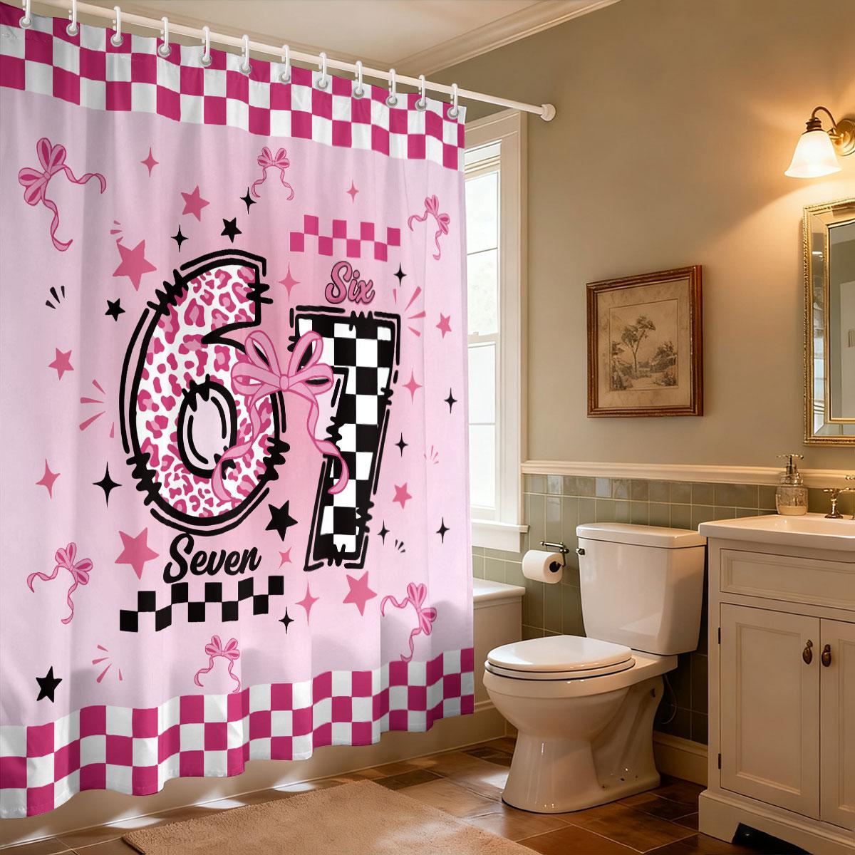 

1Pc Contrast Grid Christmas 67 Element Print Waterproof Shower Curtain Partition Privacy Hanging Curtain 12 Hooks Various Sizes 180*180cm