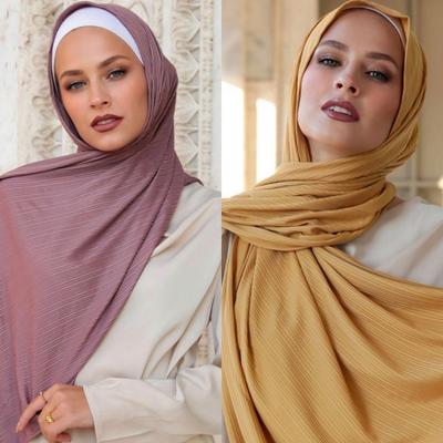 Ribbed Cotton Jersey Hijab Scarf Long Shawl Women Muslim Headscarf Wraps Striped Headband Maxi Turban Stretchy Pleated Bandana