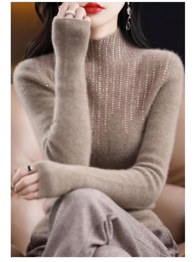 2025 Autumn/Winter Women's Rhinestone Cashmere Sweater - Semi-High Neck & Slimming Fit