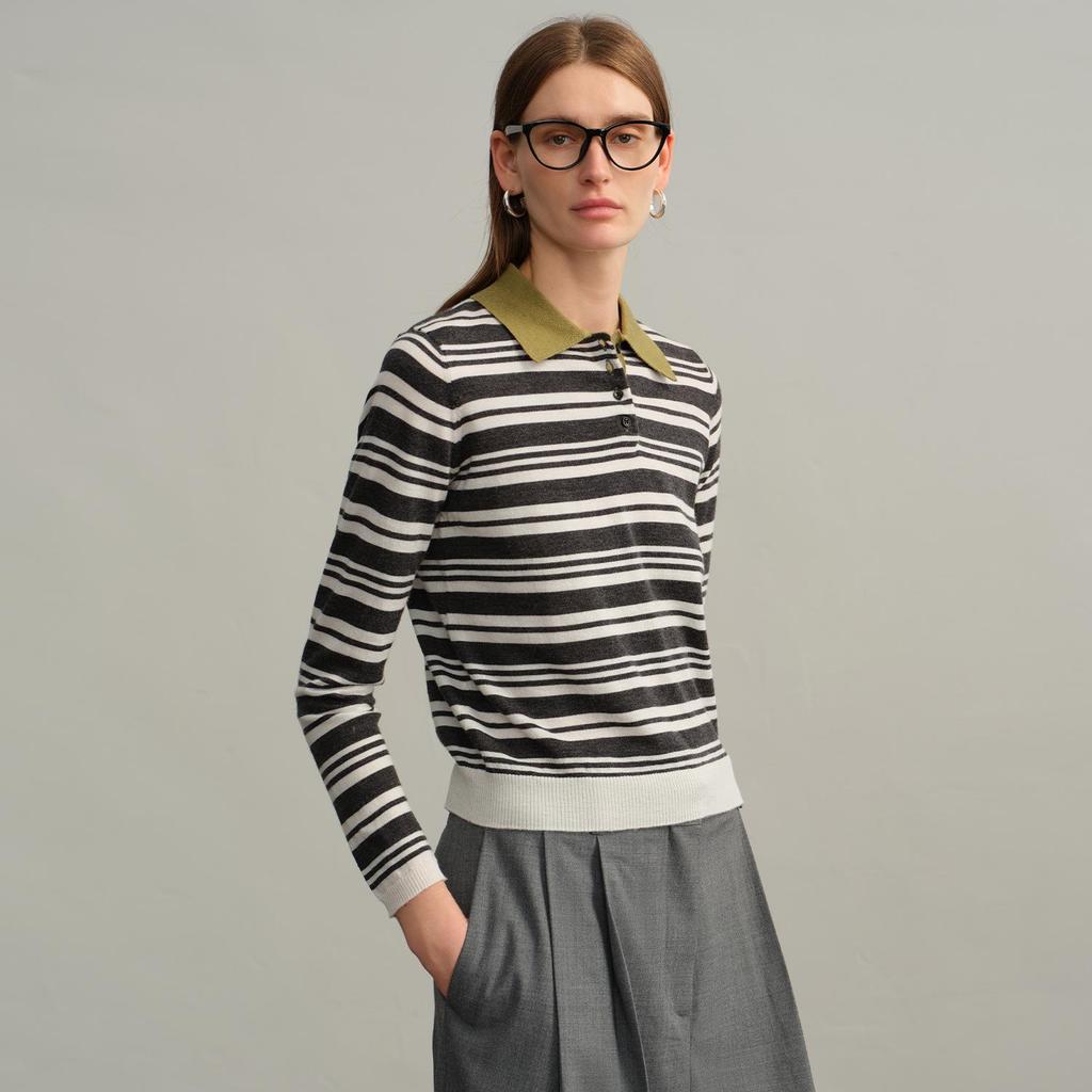 Women's 100% Wool Yangzi Knit Polo Collar Striped Retro Long Sleeve Sweater