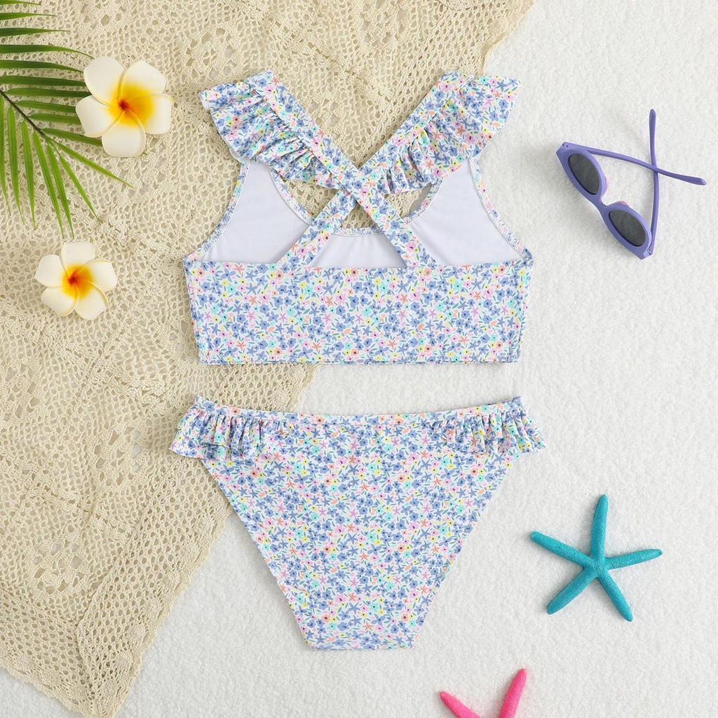 Girls Two Piece Swimsuit Set Floral Print Ruffle Trim Tankini Top and Bikini Bottom Swimwear for Kids Summer Beach Pool