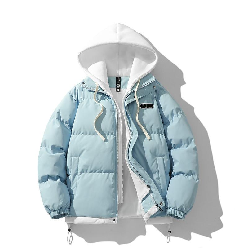 Winter Cotton-padded Couple Cotton-padded Jacket Trendy Fake Two-piece Color Matching Loose and Thickened Men's Hooded Bread-padded Jacket