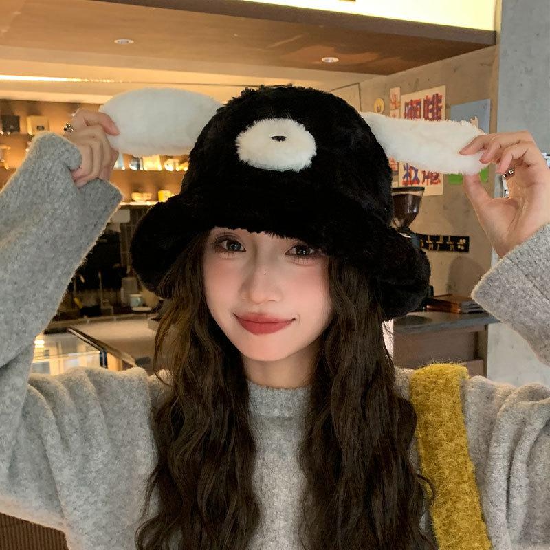 Autumn and Winter Puppy Ears Bucket Hat Female Big Head Circumference Plush Bucket Hat Cute Face Small Warm Hat