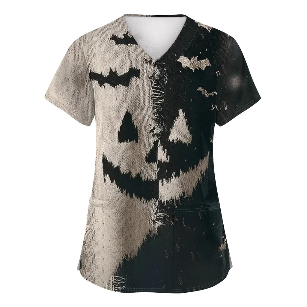 Women's Fashion Short Sleeve Halloween Print V-Neck Pocket Workwear Tops