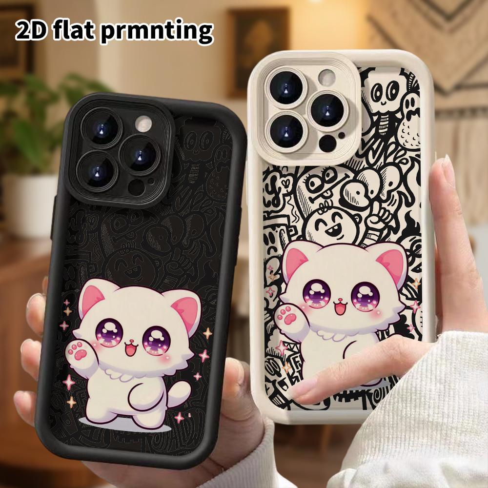 Phone Case: 2D Flat Design for iPhone 13/14/15/16/17/18 Pro, Stepped Protective Case, Waving Little White Cat, Christmas and Halloween Gift