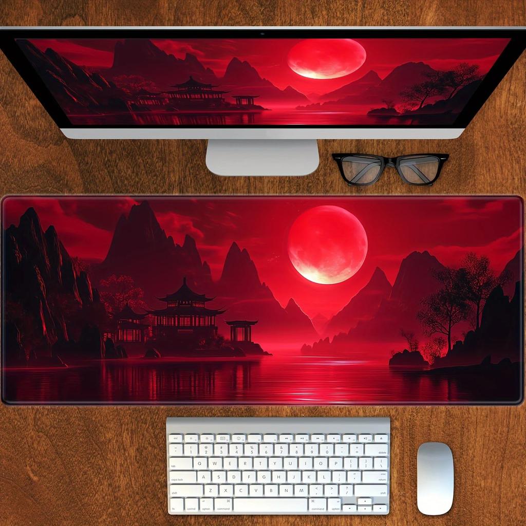 XXL Sakura Herní podložka pod myš Červený měsíc Design Protiskluzová gumová Prošitý okraj HD Stolní podložka pod klávesnici pro PC a notebook Stolní příslušenství