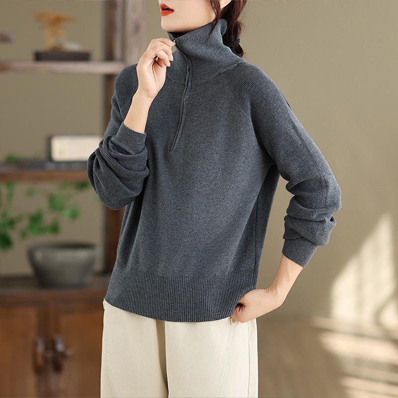 Autumn/Winter 2025 Women's High Neck Zipper Knit Sweater - Japanese Korean Style