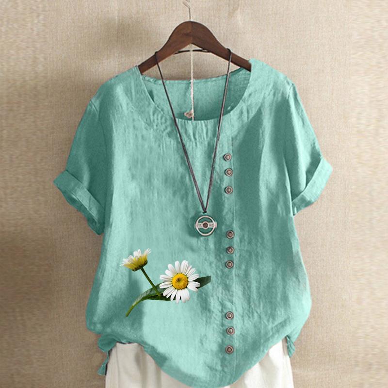 Women's Fashion Round Neck Short Sleeve T-shirt Casual Cotton Linen Graphic Shirt Chrysanthemum Prined Summer Blouse Tops Plus Size