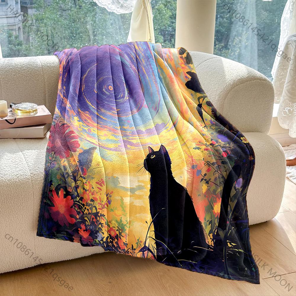 1pz Gatto Nero Cielo Notturno Cartone Animato Arte Coperta Calda Morbida Soffice Bambini Adulti Regali di Lusso per Divano Letto Casa Esterno Viaggio Campeggio