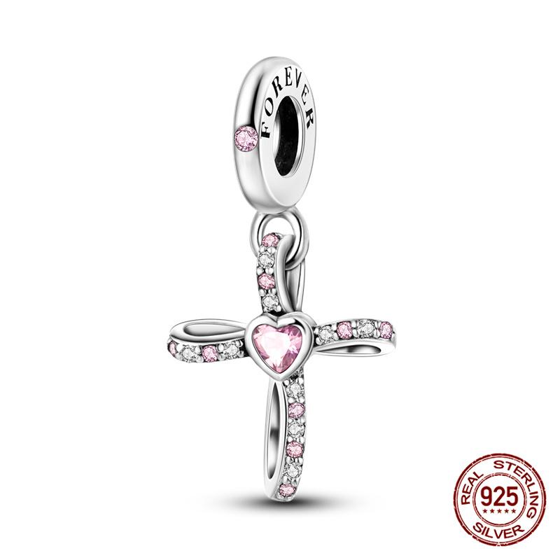 Bible Cross Pink Zircon charms Fit 925 Bracelet DIY Jewelry Making Women's Gift 100% 925 Silver