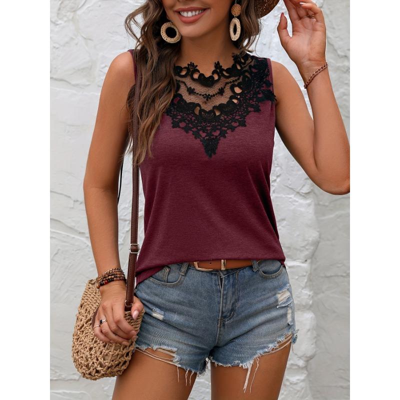 

Модная летняя блузка без рукавов с кружевным воротником, элегантная женская повседневная майка, однотонный женский жилет, простые женские рубашки, женские 537 XXL вино красного