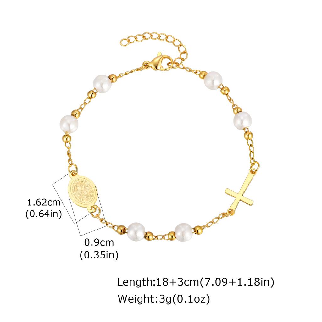 Edelstahl Jungfrau Maria St. Benedikt Kreuz Armband, Perlenkette Armband Damen Religiöser Schmuck