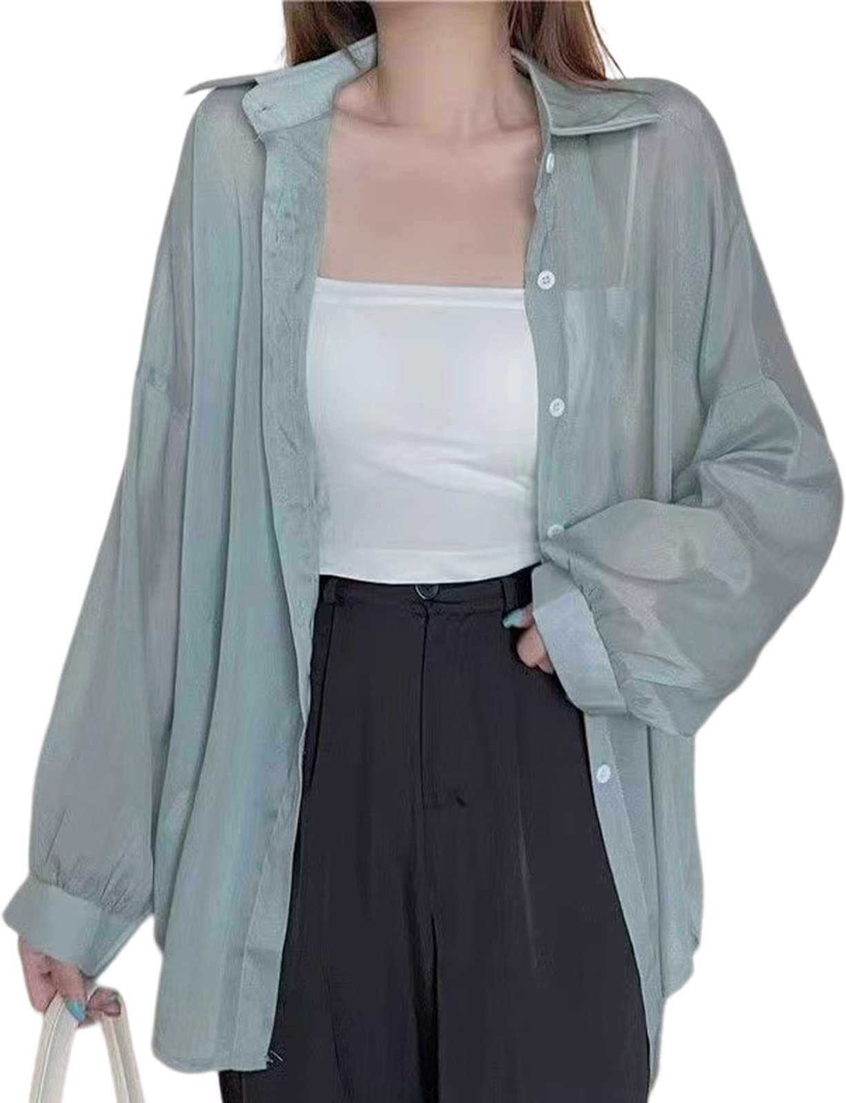 

Прозрачная Оверсайз Милая Корейская [J.STORE] Рубашка, Женский Топ, Лето/Весна, Прозрачная, Тонкая, Однотонная, Стильная, Просвечивающая, Силуэт, Красивая, Офис, зелёный