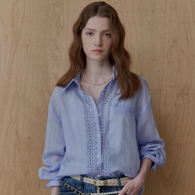 Maxza Embroidered Lace Dobby Stripe Shirt Blouse Ze05qb017nh sky blue/FREE
