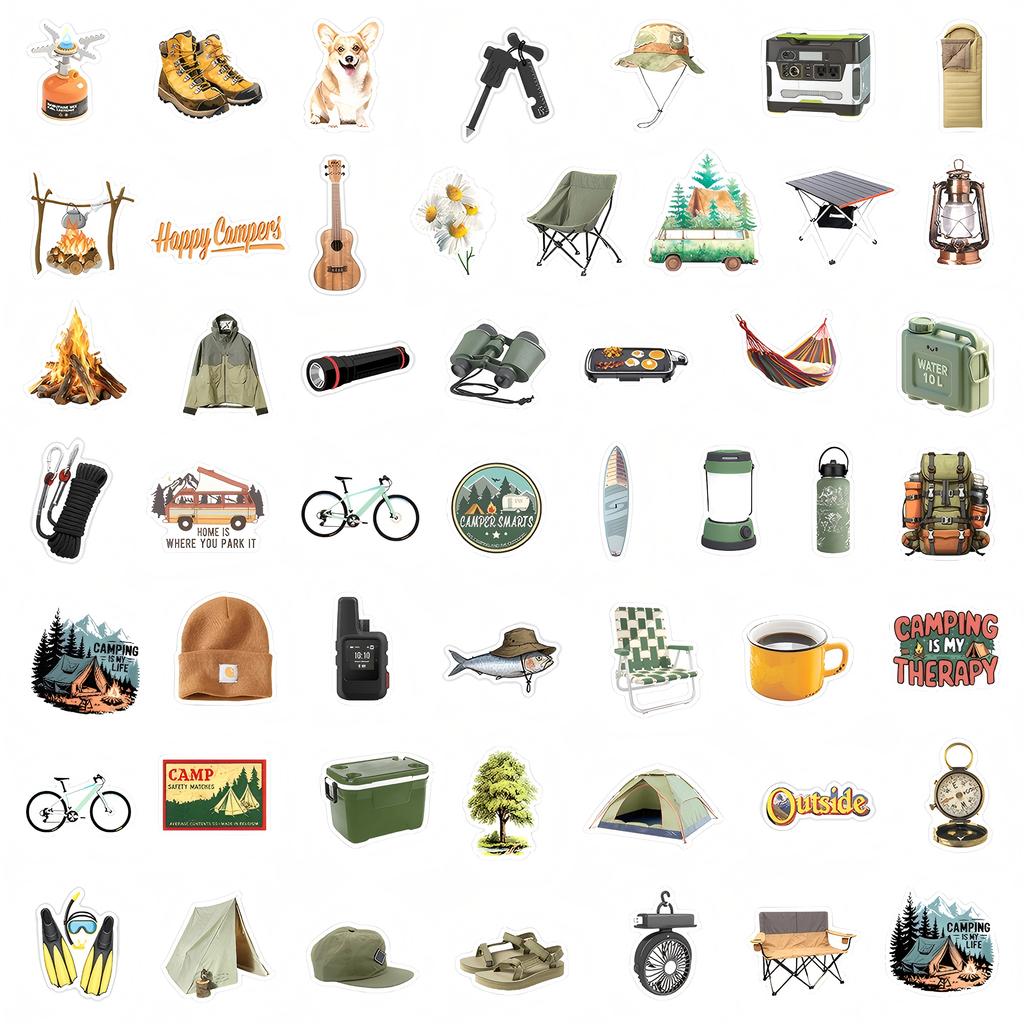 10/30/50pcs Happy Outdoor Camping Travel Stickers Funny Cartoon Hiking Adventure Decals Laptop Phone Water Bottle Sticker Decor