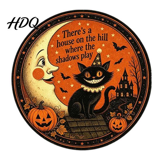 Halloween Theme Wall Art Retro Sign Round Metal Decorative Vintage Illustration Sign Rustic Decor for Living Room Party Decoration Nostalgic Hanging