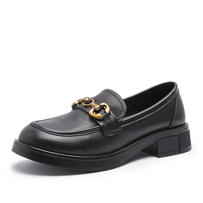 

Metal buckle British small leather shoes women s genuine leather 2025 spring new round head versatile thick heel single shoes soft sole loafers women 35