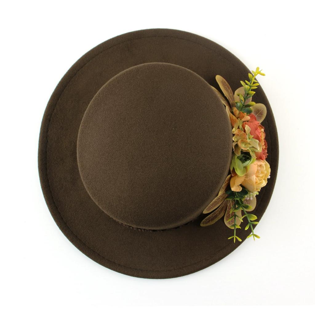 Dark Brown Faux Floral Felt Hat Wedding Hat Women'S Jazz Hat Panama French Elegant Felt Hat Somprero Mujer Chapeau Femme Luxe