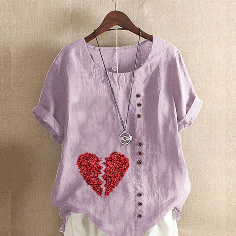 Women's Fashion Red Love Prined Short Sleeve T-shirt Loose Cotton Shirt Casual Loose Summer Blouse Tops Plus Size