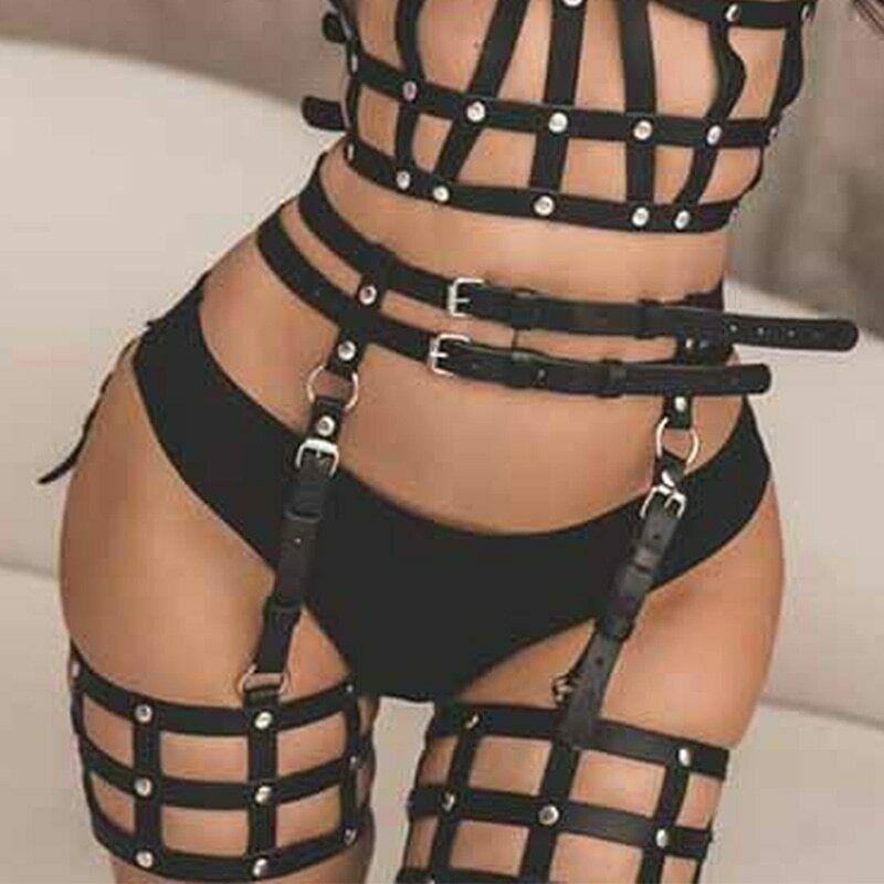 

Жіноча PU шкіра Body Chest Harness Bra Cage DressBondage Sexy Black Lingerie bottoms чорний