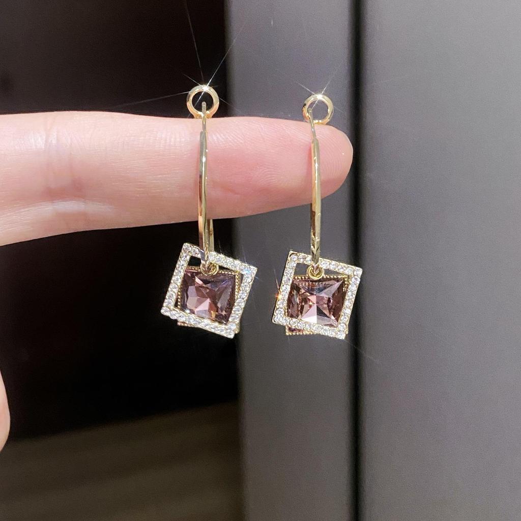 Stylish Square Zircon-Inlaid Earrings: Elegant High-End Design with 925 Silver Posts