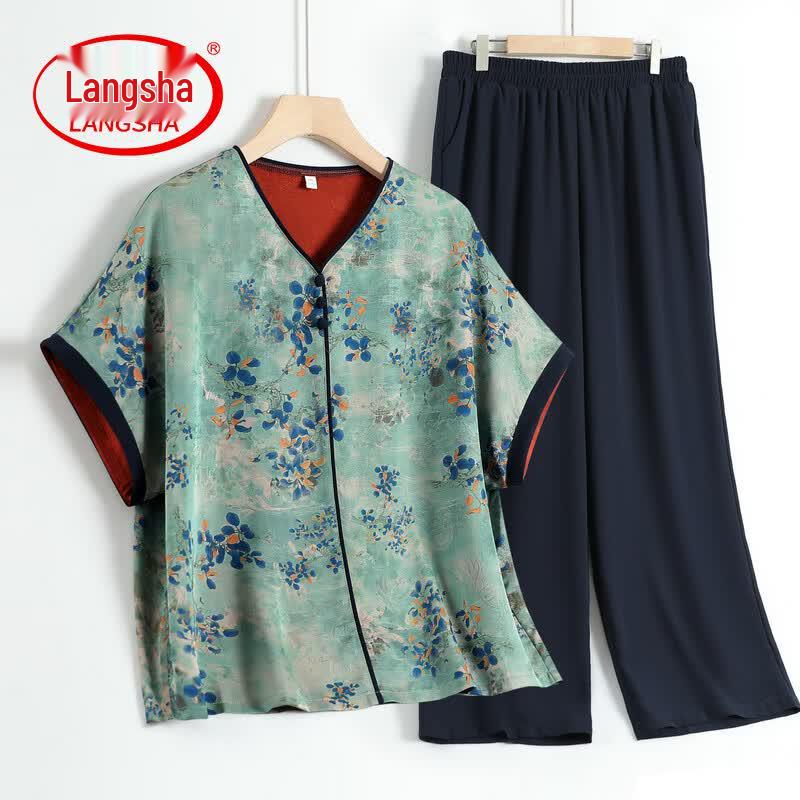 Langsha Plus Size Floral V-Neck Summer Two-Piece Set 3XL