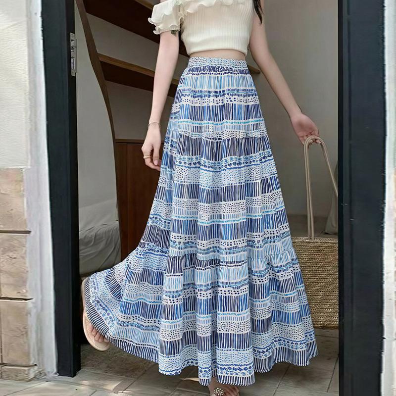 Summer Retro Printing Temperament Medium and Long Loose Big Swing Skirt Women Trendy Warm Orange Abstract Print Tiered Cake Skirt