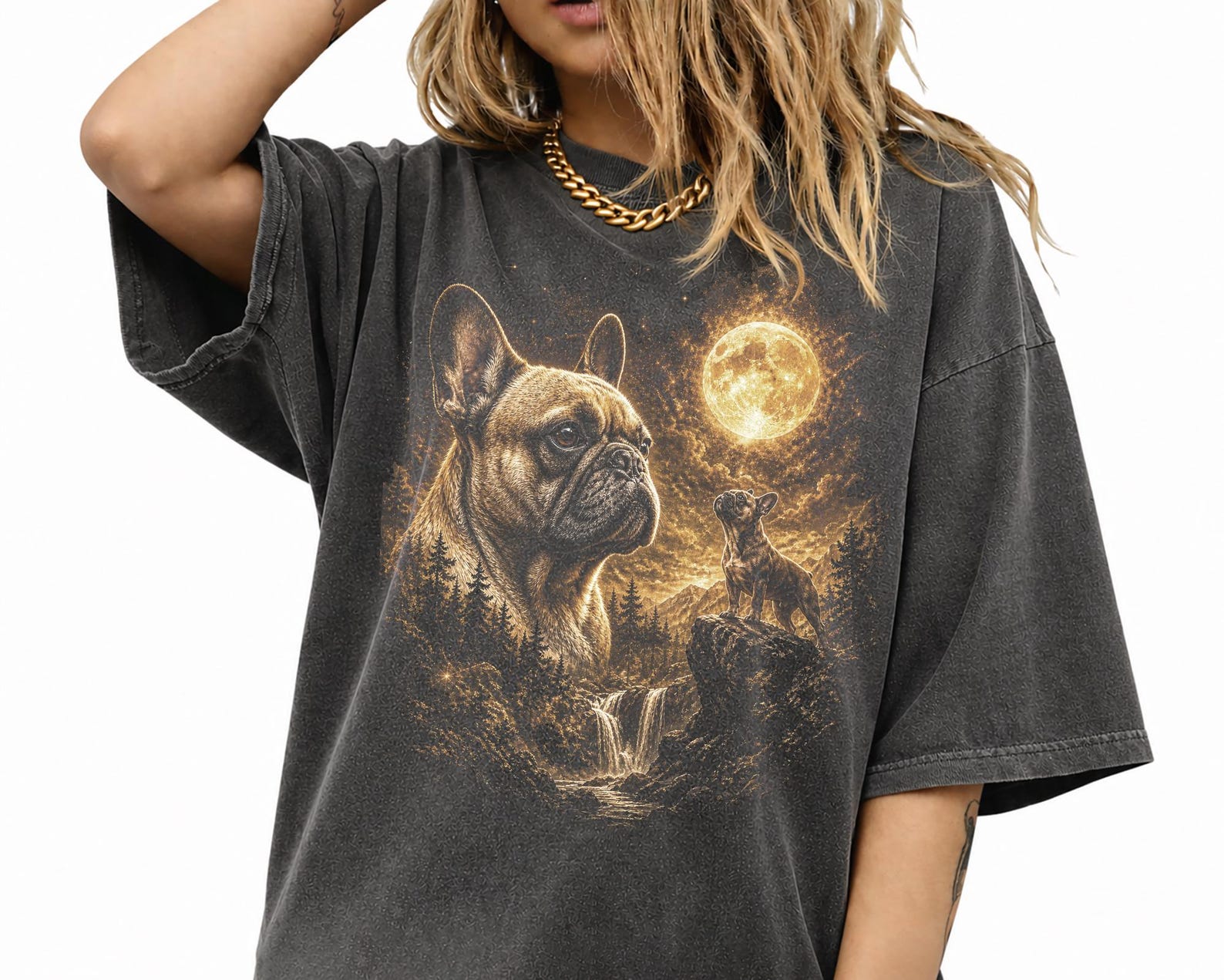French Bulldog Howling Moon Shirt, Custom Pet Vintage Tee, Retro Frenchie Dog, Comfort Colors M