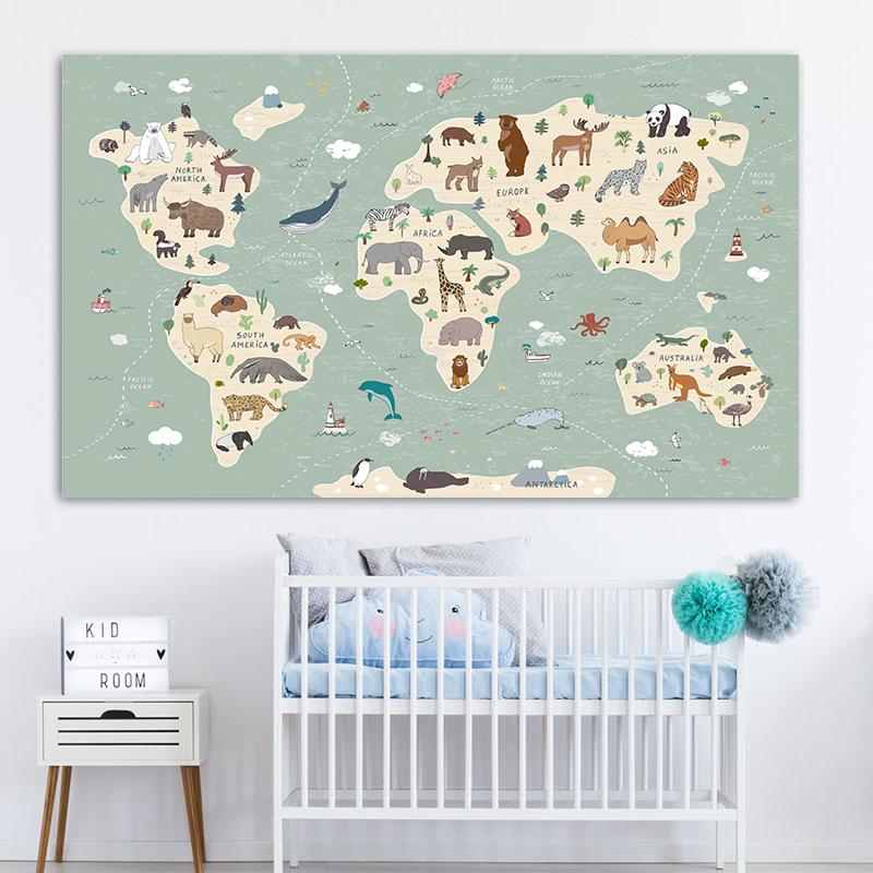 Cartoon Ocean Animal World Map Wall Art Canvas Painting Nordic Posters And Prints Nursery Wall Pictures For Kids Room Decoration