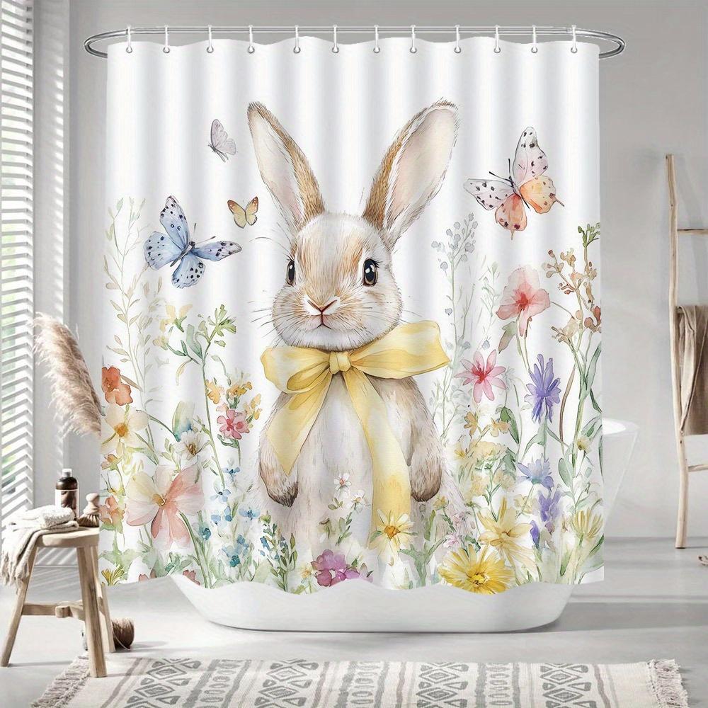 1Pc Watercolor Rabbit & Butterflies Shower Curtain - Soft Pastel Florals, Polyester, Washable, All-Season, Universal Holiday