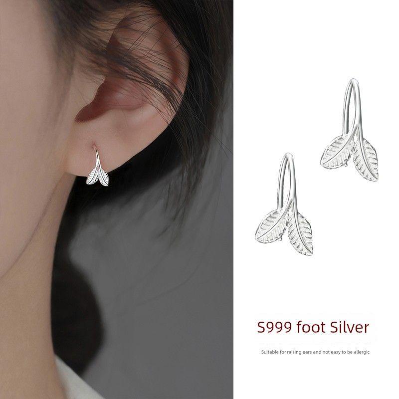 

S999 Pure Ginkgo Leaf Earrings Special-Interest Design Fancy Leaf-Shapepd Stud Earrings Female Elegant South Korea Mori Style Ear Rings Two leaf earrings sterling silver s999 material