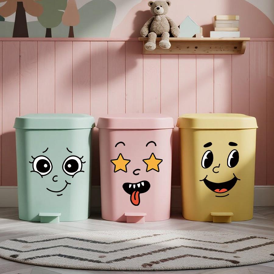 Funny Face Trash Can Stickers - 4pc Cartoon Smile Garbage Bin Decals Waterproof Vinyl Sticker Set For Kitchen Office Home Decor