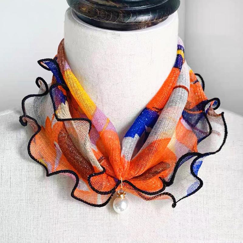 Fake Pearl Pendant Organza Neck Collar Chiffon Scarves Lace Pearls Scarf Fashion Print Shiny Variety Scarf Clothing Accessories