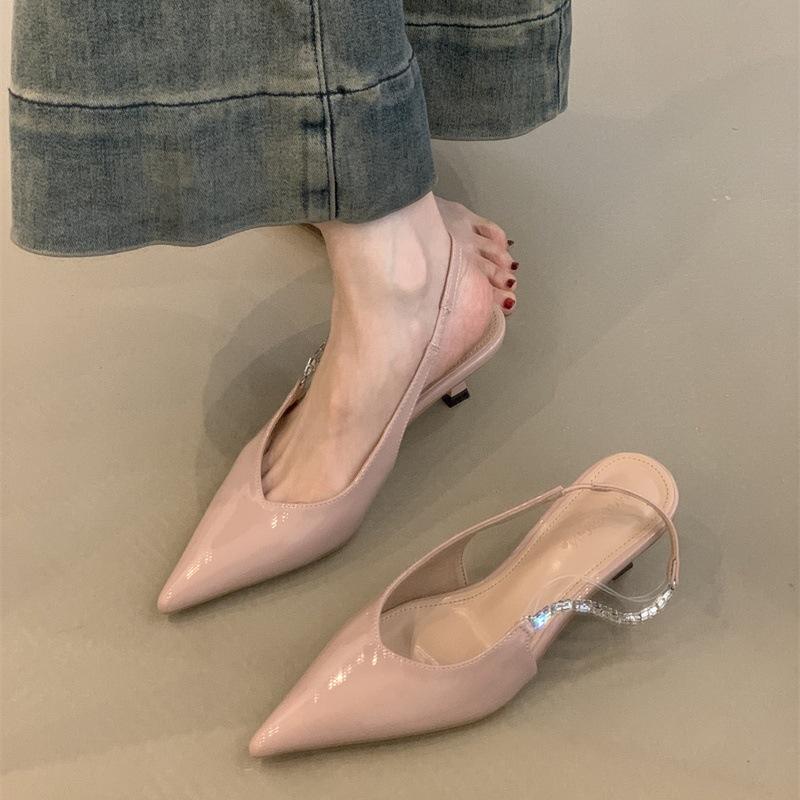 Sheepskin Version~ Gentle Temperament Shallow Mouth Back Strap Rhinestone High Heels Women's Simple Back Empty Tip with Skirt Sandals