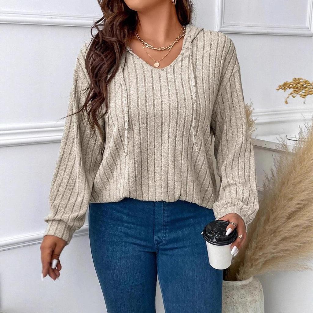 2025 Autumn/Winter V-Neck Plus Size Women's Hooded Ribbed Long Sleeve T-Shirt