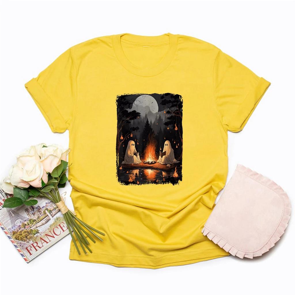 Camping Halloween Geist Buchlesen Shirt Halloween Kostüm Gruselige Jahreszeit T-Shirts Frauen Herbst T-Shirt Halloween Party T-Shirt