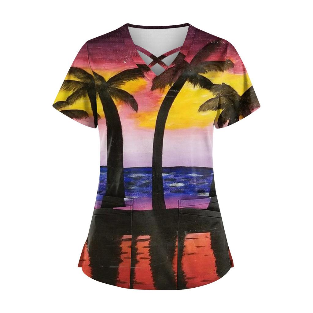 Women's Hawaii Printed Uniform Work Uniform V-Neck Pocket Protective Work Uniform