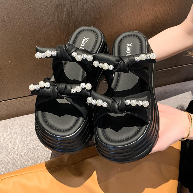 Fashion 8CM Heels Chunky Slippers for Women Open Toe High Platform Crystal Sandals Woman New Summer Thick Bottom Beach Bead Flip Flops