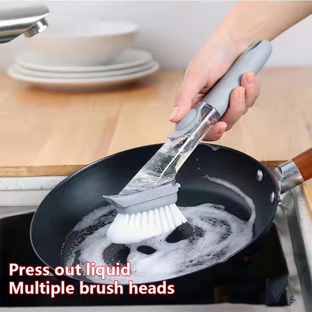 2-In-1 Plate Kitchen Cleaning Brush Removable Head Sponge Tools Dish Long Handle Scrubber Dispenser Pot Sink Household