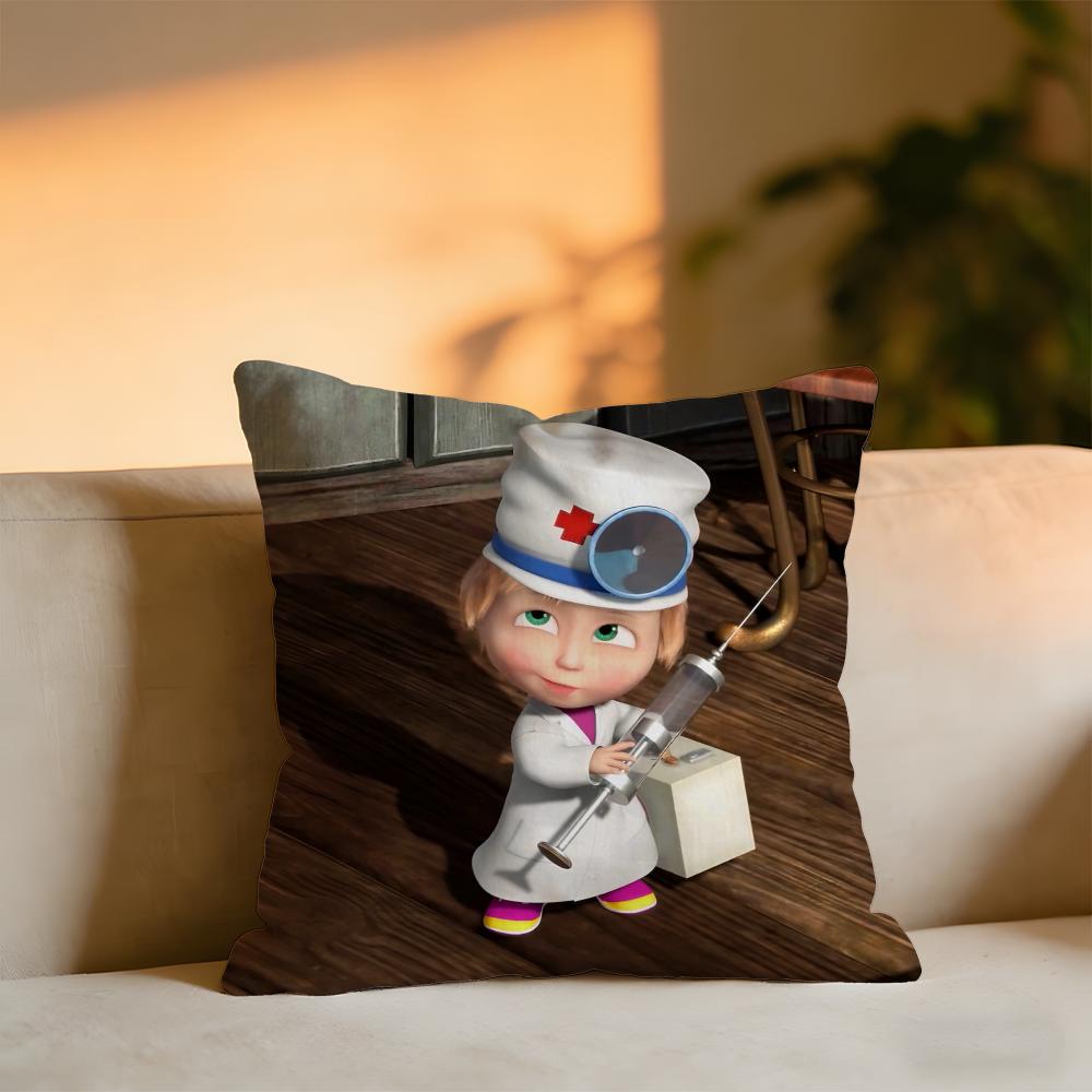 Masha And The Bear Cushion Cover Cozy Velvet Throw PillowSoft Warm Cushion For Sofa Bed