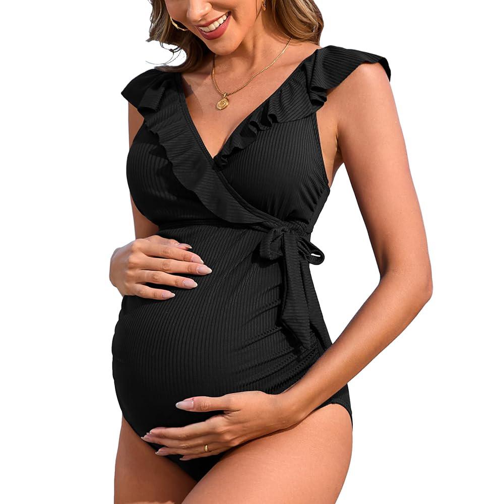 

Charmleaks ребристый купальник для беременных с оборками и V-образным вырезом, завязками по бокам, трикотажный цельный купальный костюм для беременных, купальники с эффектом пуш-ап для женщин M чёрный