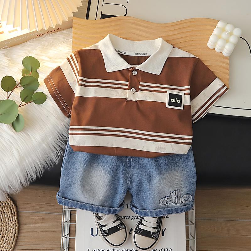 

0-5-year-old boys short sleeved set Summer children s striped POLO shirt+casual denim shorts two-piece set XXL кавовий